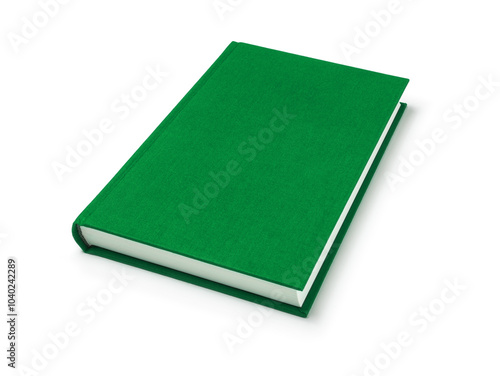 Green lying book isolated, perspective view. Cover made of natural linen fabric with uneven rough texture.