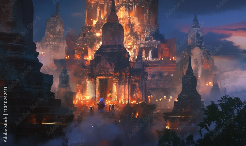 Mystical Ancient Temple at Night with Illuminated Glows Mystical Ancient Temple at Night with Illuminated Glows