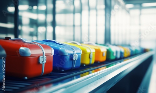 Array of colored travel cases on sleek airport belt photo