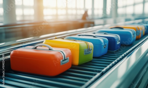 Colorful suitcases lined up on airport baggage carousel. photo