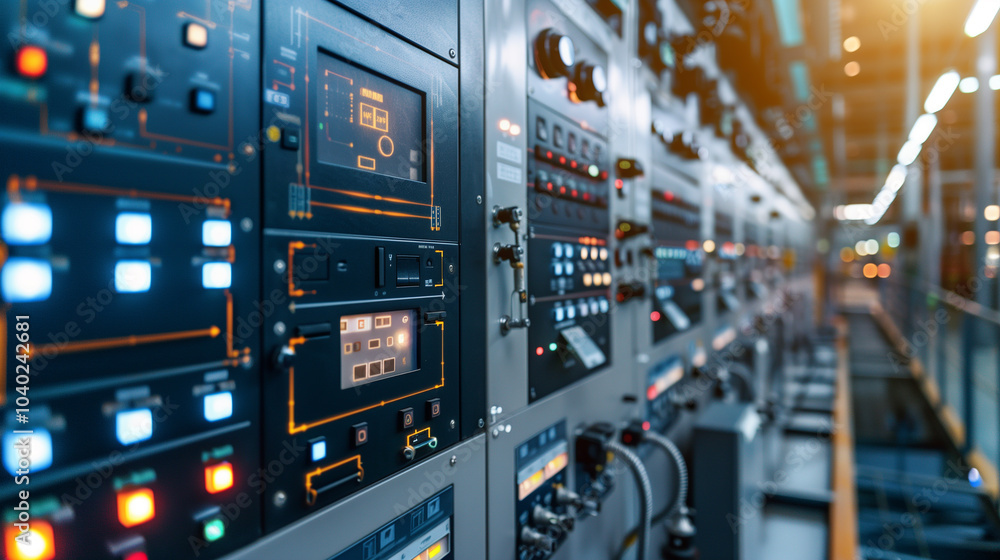 Naklejka premium modern electricity management switchgear at power plant with digital info display