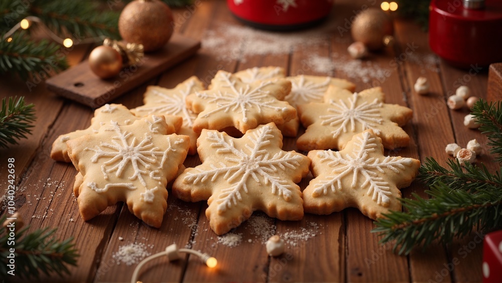 Photorealistic Close-up of Snowflake Christmas Cookies with Icing and Sparkling Sugar on Wooden Table with Festive Holiday Decorations, Warm Soft Lighting Photorealistic Close-up of Snowflake Christmas Cookies with Icing and Sparkling Sugar on Wooden Table with Festive Holiday Decorations, Warm Soft Lighting