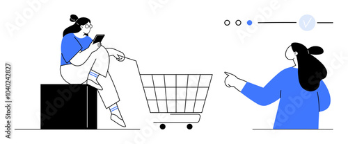 Two women interacting in a minimalistic vector art style setting. One uses a phone near a shopping cart while the other points to an item. Ideal for e-commerce, online shopping, customer interaction photo