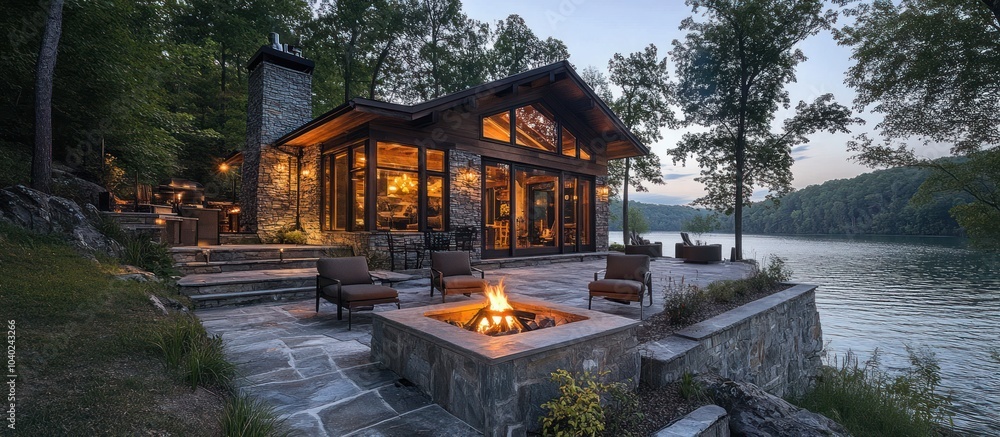 Obraz premium A modern cabin with a stone fireplace and patio overlooking a lake.