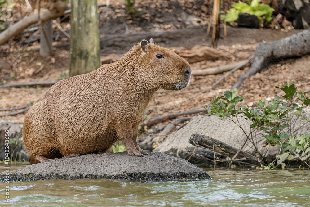 A brown capybara standing on a rock in a natural environment with foliage in the background A brown capybara standing on a rock in a natural environment with foliage in the background