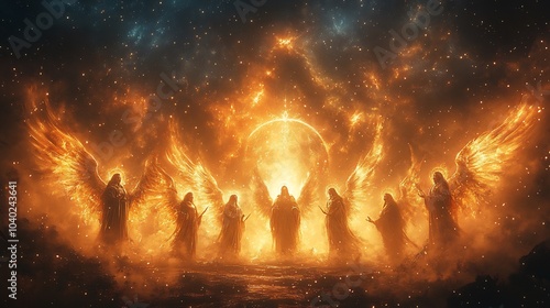 Seven archangels guarding heavenly realms each holding a unique divine symbol glowing halos and radiant auras standing against a cosmic background of stars and ethereal light