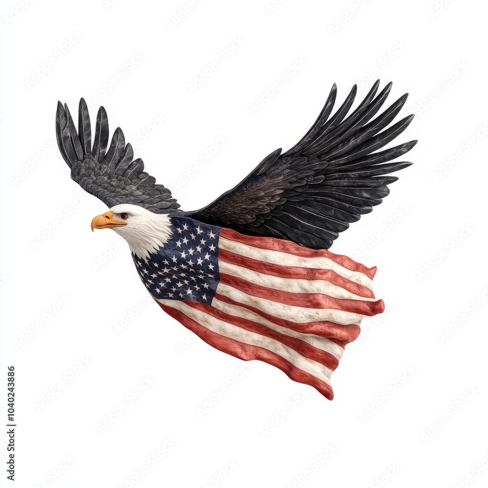 Obraz premium A soaring eagle draped in an American flag, symbolizing patriotism.