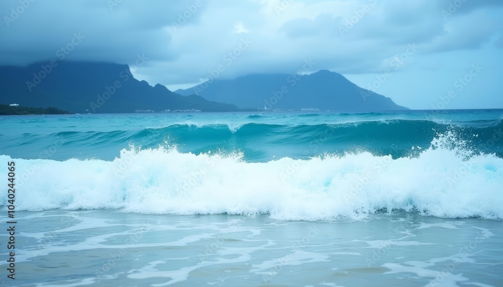 Epic Ocean Waves with Mountainous Backdrop Epic Ocean Waves with Mountainous Backdrop