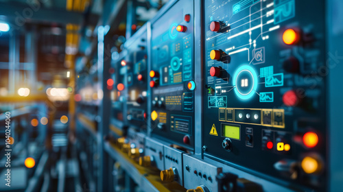 modern electricity management switchgear at power plant with digital info display photo