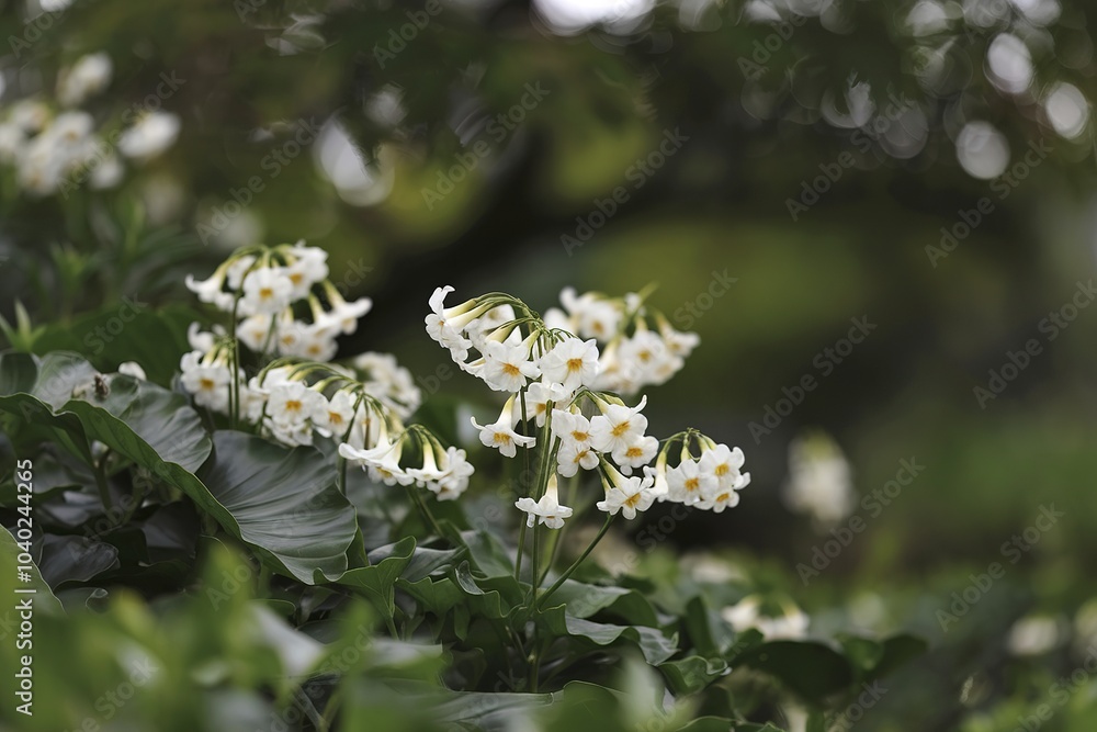 A delicate cluster of white flowers with yellow centers, set against a backdrop of lush greenery A delicate cluster of white flowers with yellow centers, set against a backdrop of lush greenery