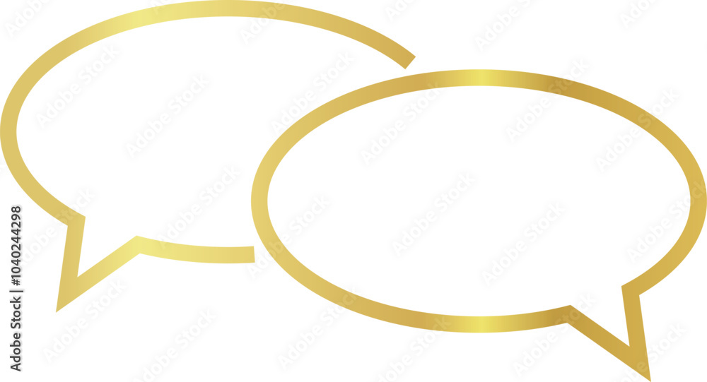 Two overlapping 16x9 aspect ratio gold metallic dialogue boxes with oval shape. Blank outline speech bubbles with centered, sharp, downward-pointing triangular tail on transparent background Two overlapping 16x9 aspect ratio gold metallic dialogue boxes with oval shape. Blank outline speech bubbles with centered, sharp, downward-pointing triangular tail on transparent background