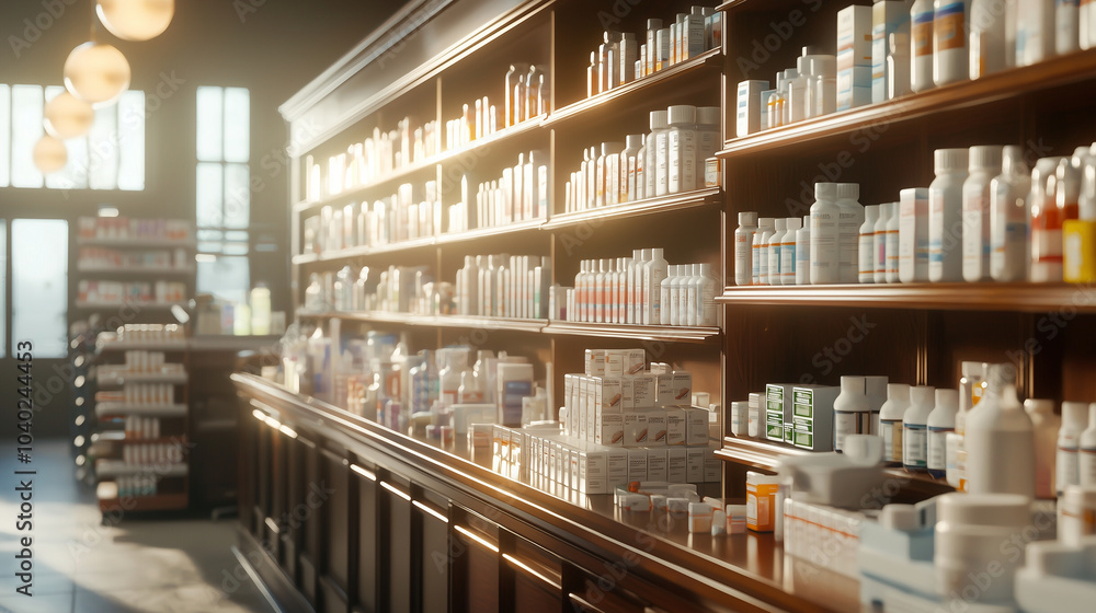 A detailed scene showcasing a well-stocked pharmacy wall, filled with neatly arranged medicines and health products, enhanced by soft overhead lighting that creates a welcoming atm A detailed scene showcasing a well-stocked pharmacy wall, filled with neatly arranged medicines and health products, enhanced by soft overhead lighting that creates a welcoming atm