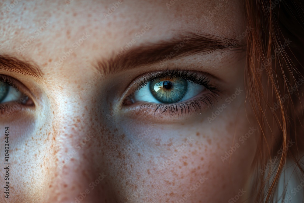 Close-up shot of a woman's facial features, showcasing her freckled skin and expressive eyes Close-up shot of a woman's facial features, showcasing her freckled skin and expressive eyes