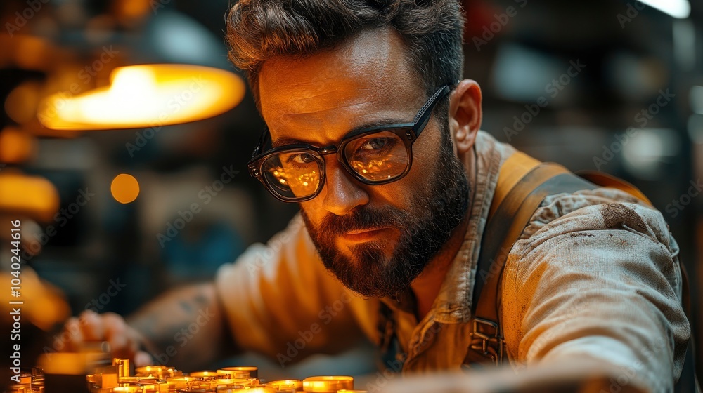 Focused craftsman working with precision in a dimly lit workshop Focused craftsman working with precision in a dimly lit workshop