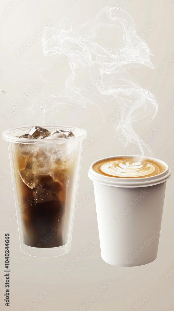 Iced coffee against hot latte with swirling steam Iced coffee against hot latte with swirling steam