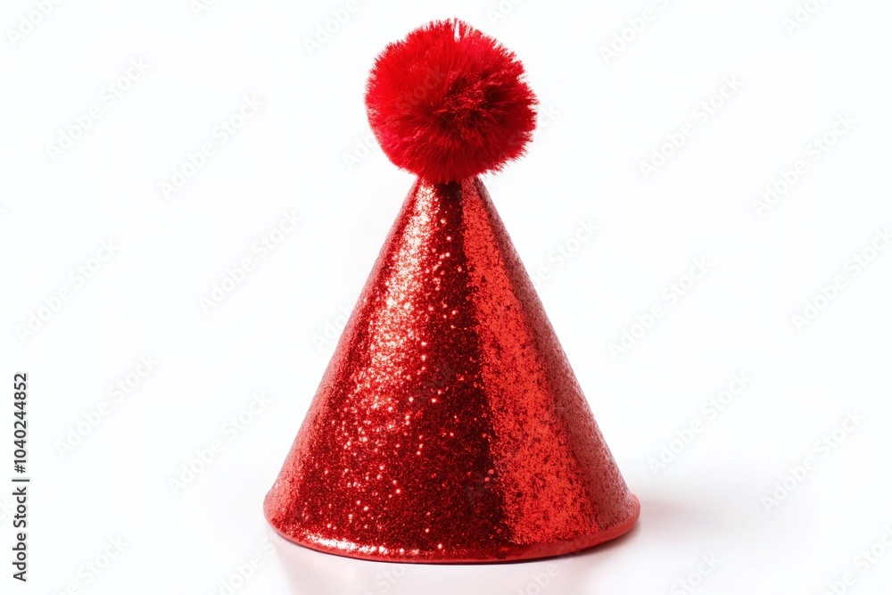 Shiny Red Birthday Hat on White Background - Festive Party Accessory for Celebrations Shiny Red Birthday Hat on White Background - Festive Party Accessory for Celebrations