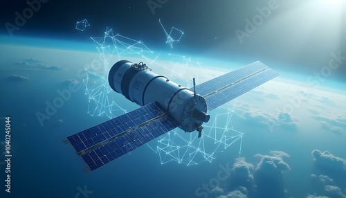 Wallpaper Mural A space satellite orbiting the Earth, with glowing blue energy beams Torontodigital.ca