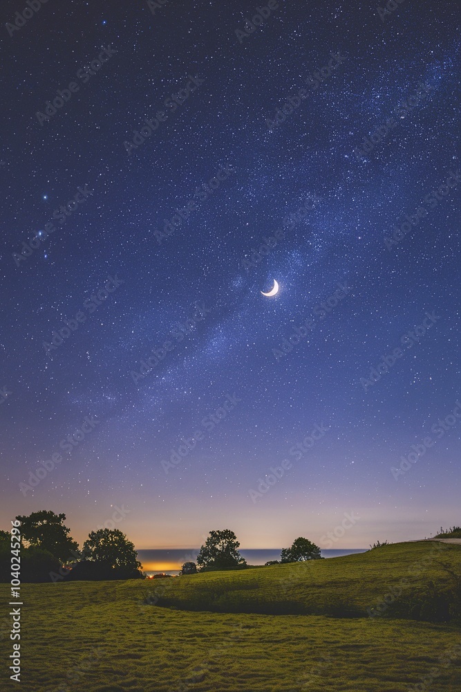 Fototapeta premium A night sky with stars and a crescent moon over a distant horizon
