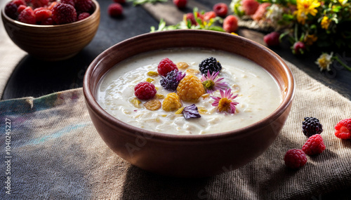 Creamy Porridge in a Ceramic Bowl Topped with Fresh Berries and Edible Flowers photo