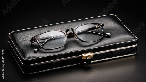 Elegant, gold-rimmed glasses rest on a sleek black leather case against a dark background, highlighting their sophisticated and timeless design. photo