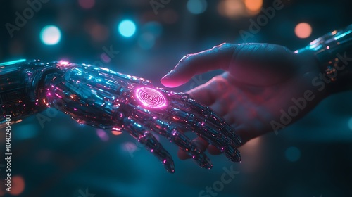 A robotic hand gently touching a human hand, holographic fingerprint pattern glowing at the connection point, soft ambient lighting with blue and pink hues, futuristic setting with a dark background,