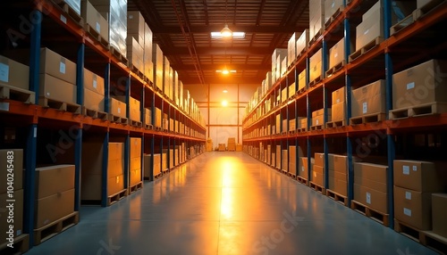 Wallpaper Mural A large industrial warehouse with rows of shelving units and storage containers, illuminated by bright overhead lighting Torontodigital.ca