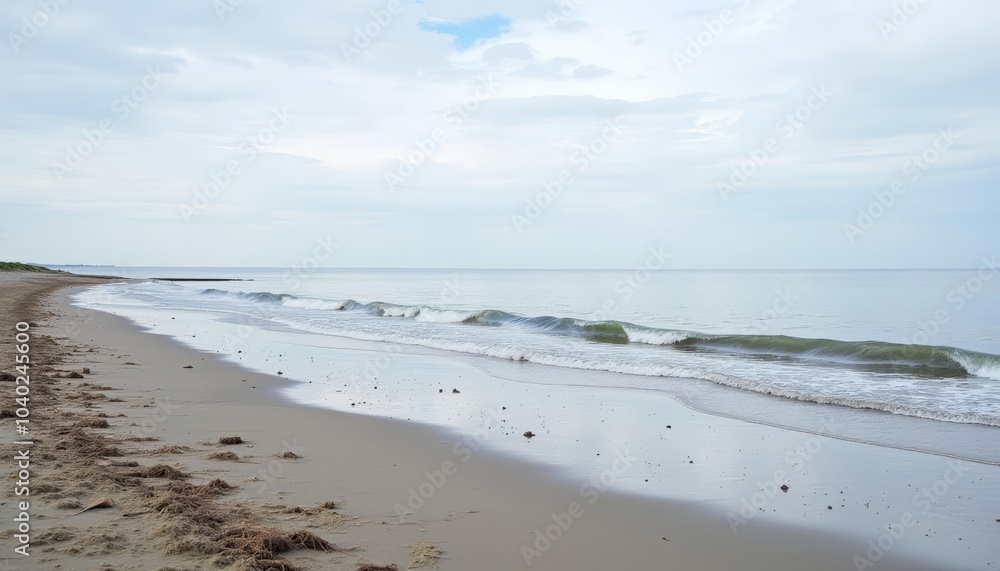 Tranquil beach scene with gentle waves and a cloudy sky Tranquil beach scene with gentle waves and a cloudy sky