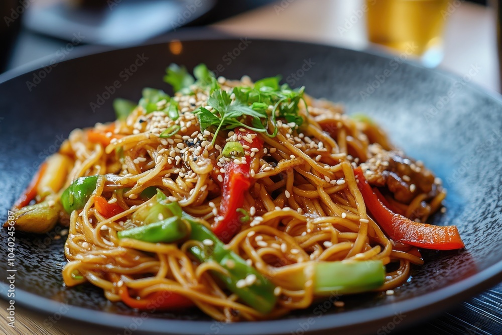 A delicious plate of stir-fried noodles topped with fresh vegetables and sesame seeds, perfect for any culinary enthusiast. A delicious plate of stir-fried noodles topped with fresh vegetables and sesame seeds, perfect for any culinary enthusiast.