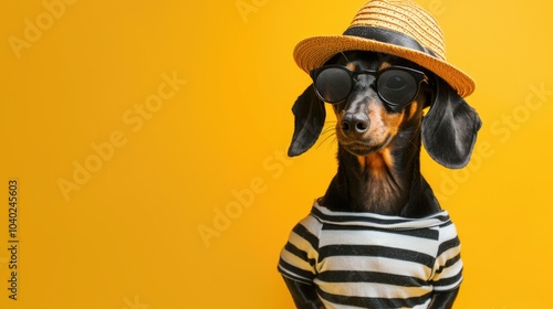 A playful dachshund dressed up for the day, wearing a hat and sunglasses