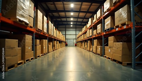 Wallpaper Mural A large industrial warehouse with rows of shelving units and storage containers, illuminated by bright overhead lighting Torontodigital.ca