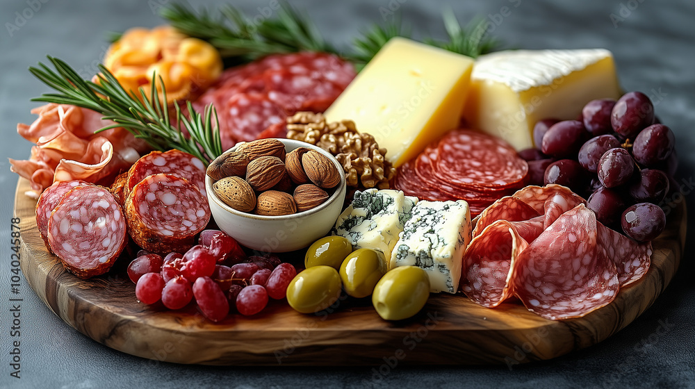 Selection of Cold Meats and Cheeses with Sausages, Nuts, and Olives, Presented for a Fine Dining Experience Selection of Cold Meats and Cheeses with Sausages, Nuts, and Olives, Presented for a Fine Dining Experience