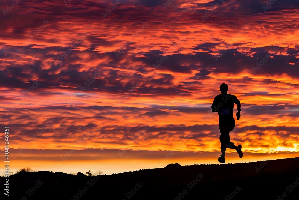 A silhouette of a runner against a vibrant sunset sky, emphasizing fitness and nature. A silhouette of a runner against a vibrant sunset sky, emphasizing fitness and nature.