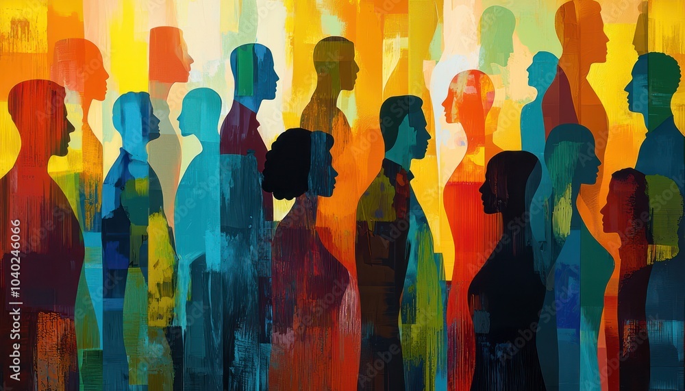 Naklejka premium Stylized depiction of social equity, with diverse figures representing fairness and inclusion across different societal layers.