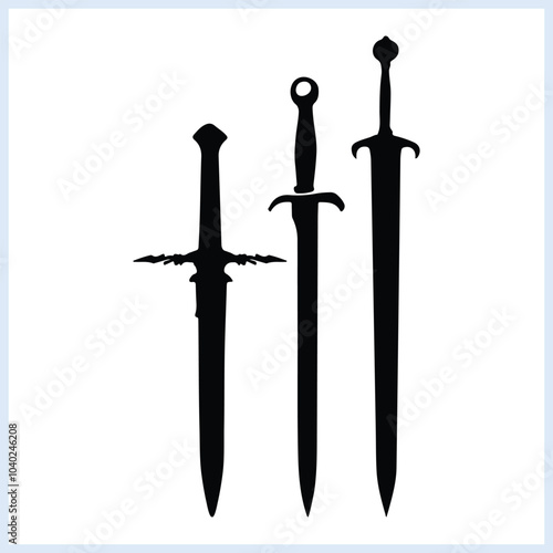 Different shapes Japanese sword and knife black silhouette set