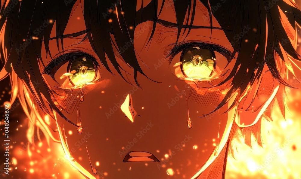 Emotional Anime Eye Detail with Tears and Fire Light Emotional Anime Eye Detail with Tears and Fire Light