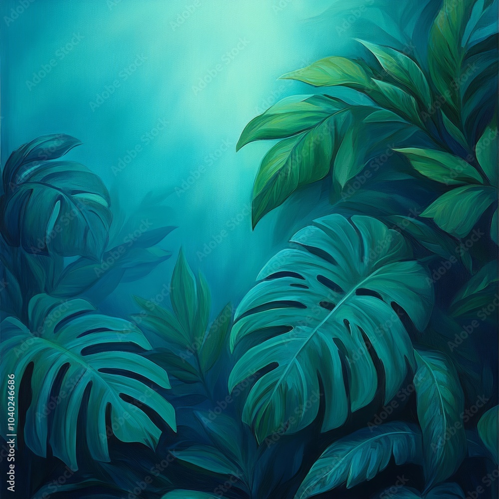 A serene depiction of lush tropical foliage in vibrant shades of green. A serene depiction of lush tropical foliage in vibrant shades of green.