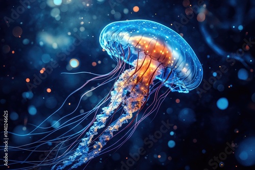 A vibrant jellyfish illuminated in blue and orange hues, with flowing tentacles, gracefully drifting in the ocean depths.