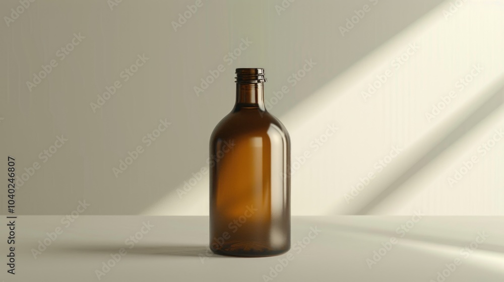 A brown glass bottle sits alone on a table A brown glass bottle sits alone on a table
