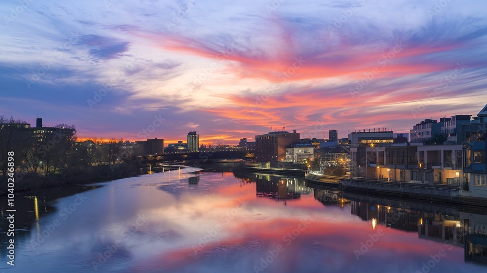 A serene urban landscape during twilight. A calm river flows through the center, reflecting the hues of the sky A serene urban landscape during twilight. A calm river flows through the center, reflecting the hues of the sky