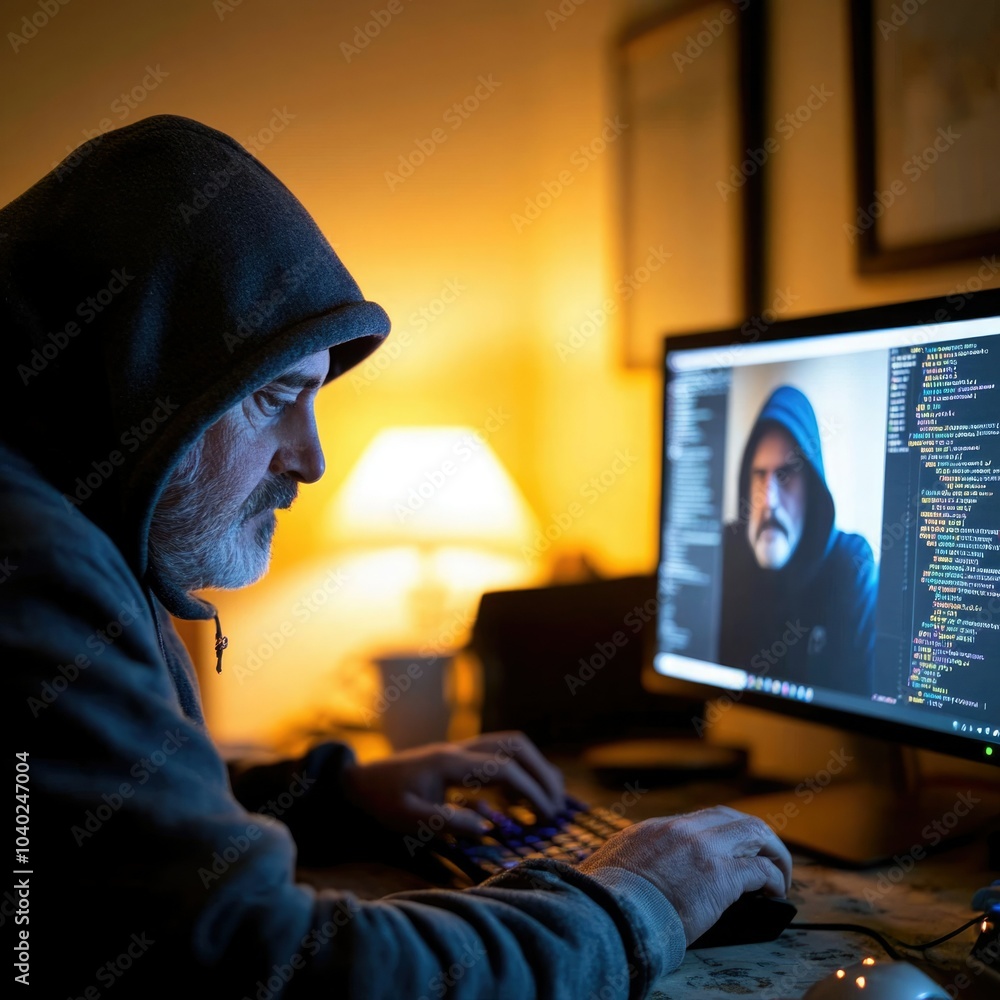 Late night coding session by a focused programmer in a dimly lit room Late night coding session by a focused programmer in a dimly lit room