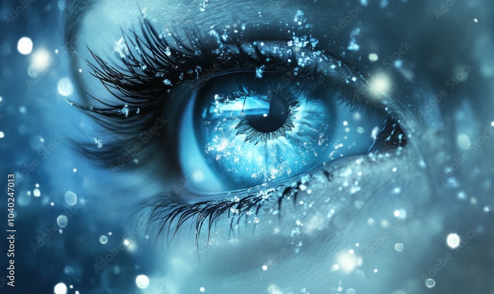Mesmerizing Blue Eye with Snowflakes Close-up Mesmerizing Blue Eye with Snowflakes Close-up