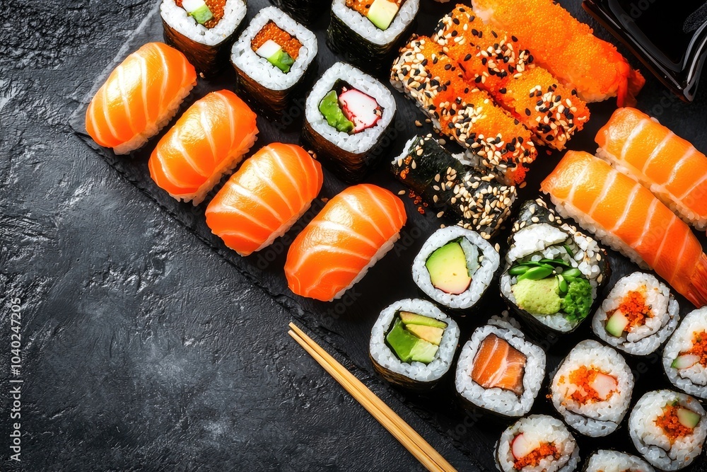 Assorted sushi rolls on a dark slate tray, featuring fresh fish and vibrant vegetables. Assorted sushi rolls on a dark slate tray, featuring fresh fish and vibrant vegetables.