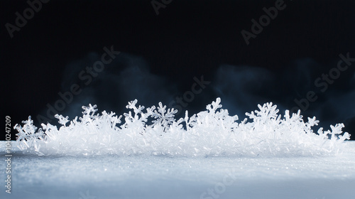 A striking scene featuring a cluster of isolated snow on a dark backdrop, enhanced by overhead backlighting that accentuates the glistening surface and delicate shapes of the snowf