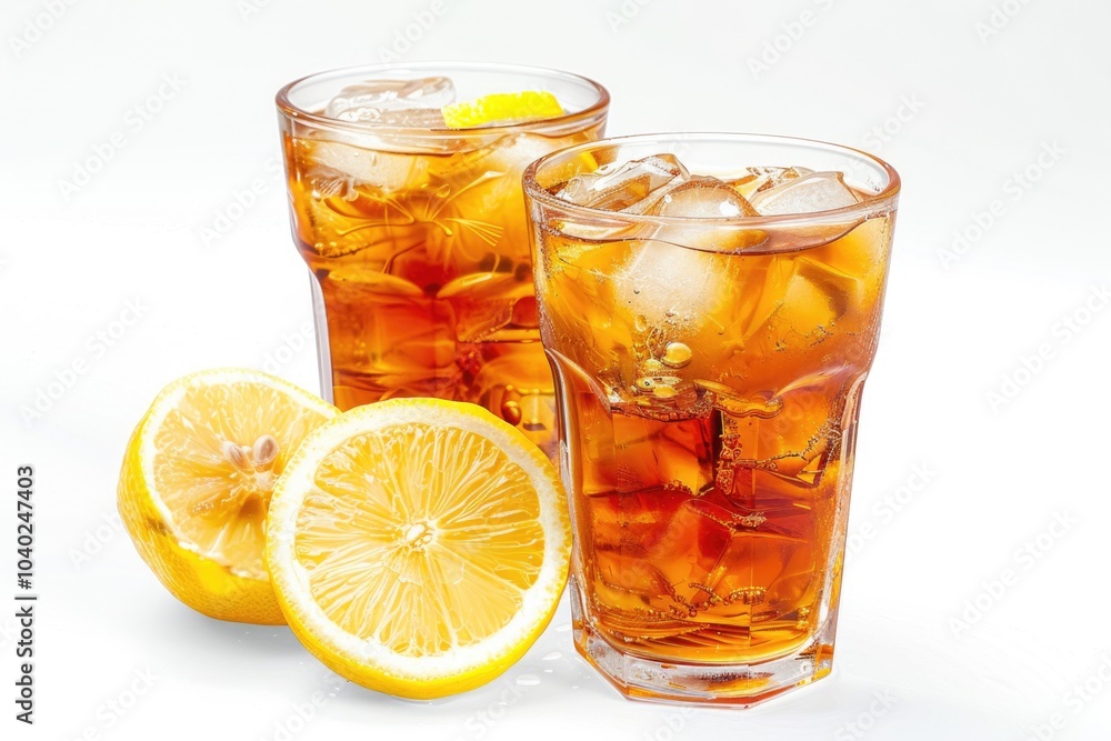Two glasses of refreshing iced tea with a slice of lemon for added flavor Two glasses of refreshing iced tea with a slice of lemon for added flavor
