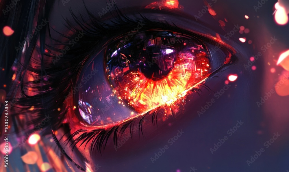 Fiery Eye Close-Up with Sparks and Reflections Fiery Eye Close-Up with Sparks and Reflections