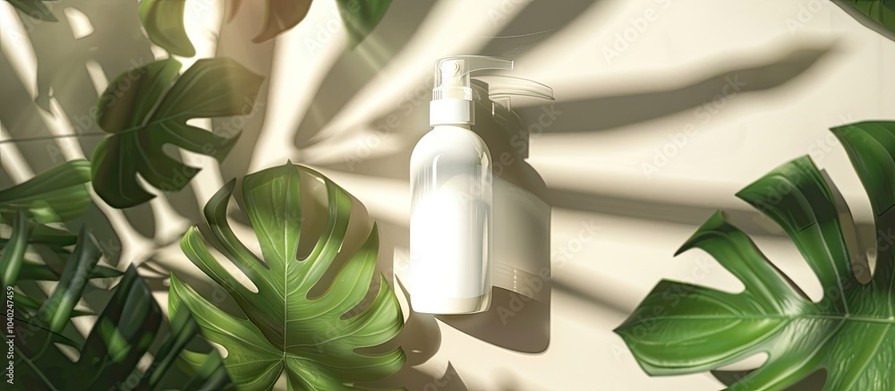 Cosmetic spray bottle with a green leaf for skincare product display illustrating natural organic beauty items Mockup featuring face lotion and facial cleanser in a minimalistic top view layout with Cosmetic spray bottle with a green leaf for skincare product display illustrating natural organic beauty items Mockup featuring face lotion and facial cleanser in a minimalistic top view layout with