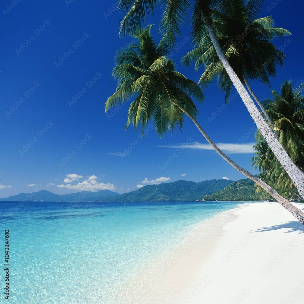 Serene tropical beach with clear water and palm trees under a blue sky. Serene tropical beach with clear water and palm trees under a blue sky.