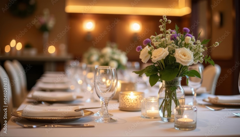 Elegant dining setup with candlelight and floral centerpiece Elegant dining setup with candlelight and floral centerpiece