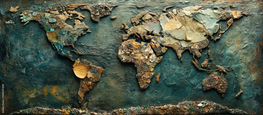 Obraz premium A world map made of garbage and plastic waste, on a dark blue background.