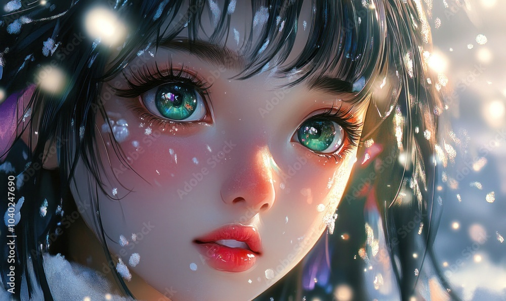 Enchanting Winter Gaze: Anime Girl in Snow Enchanting Winter Gaze: Anime Girl in Snow